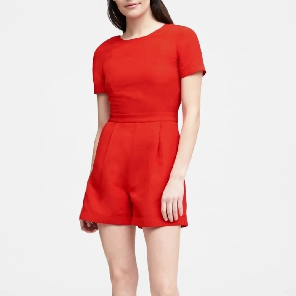 Banana Republic Red Linen Short Sleeve Romper Jumpsuit Size 0